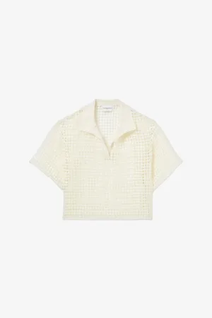 Claudie Pierlot Womens Spread-Collar Short-Sleeve Crochet-Knit Top