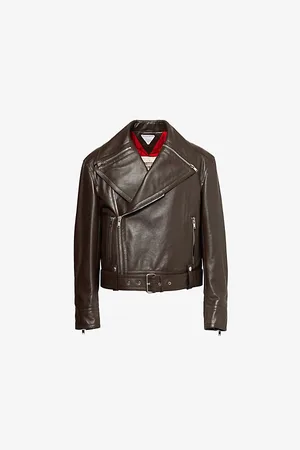 Bottega Veneta Mens Glossy Belted-Hem Leather Biker Jacket