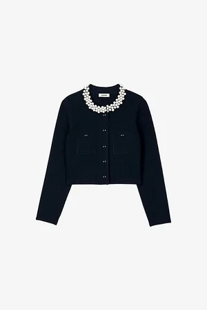 Sandro Womens Beaded-Collar Long-Sleeve Knitted Cardigan