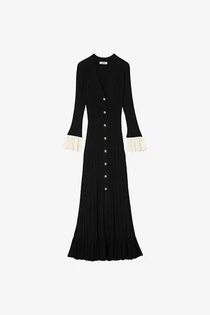 Sandro Womens V-Neck Contrast-Cuff Knitted Midi Dress