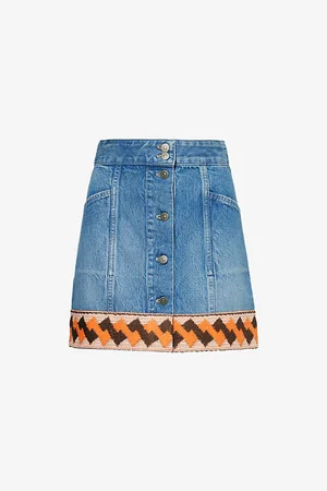 VALENTINO GARAVANI Womens Embroidered-Hem Button-Down Mini Denim Skirt