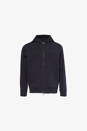 Emporio Armani Mens Brand-Embroidered Ribbed-Trim Cotton-Jersey Hoody