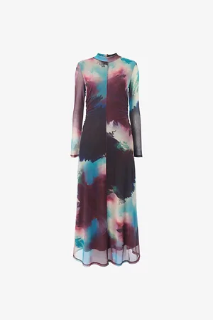 Whistles Womens Oil Paint-Print Slim-Fit Stretch-Mesh Midi Dress