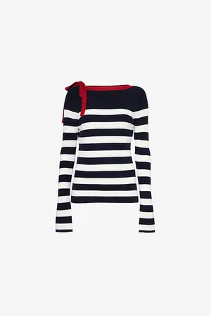 Max Mara Womens Moxa Tie-Neck Stripe Ribbed Wool Knitted Top
