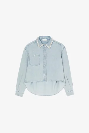 Sandro Womens Beaded-Collar Cropped Denim Shirt