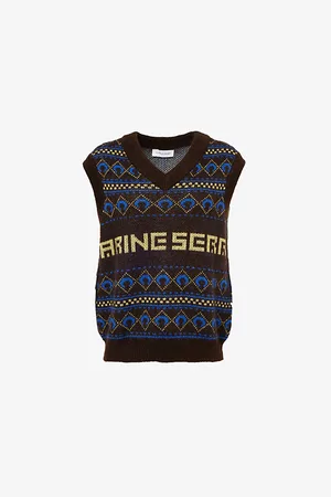Marine Serre Womens Jacquard Brand-Print Wool-Blend Vest