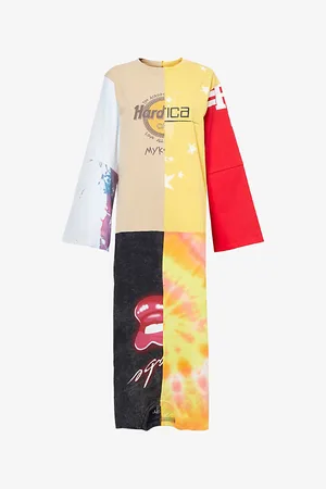 Conner Ives Womens Contrast-Panels Wide-Long-Sleeves Cotton-Jersey Maxi Dress