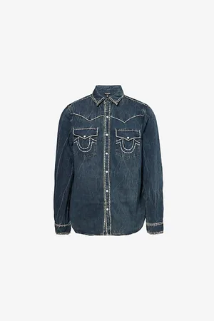 True Religion Mens Contrast-Stitch Faded-Wash Western Denim Shirt