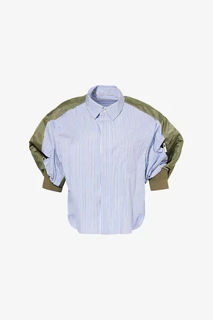 SACAI Womens Striped Shell-Short-Sleeves Cotton-Poplin Shirt