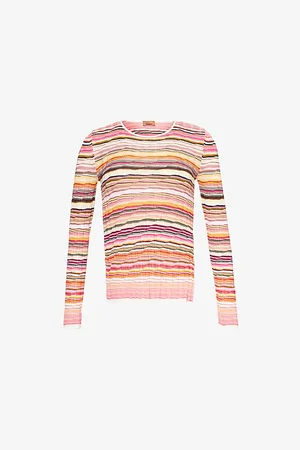 Missoni Womens Stripe Ribbed Crewneck Cotton-Blend Knitted Top