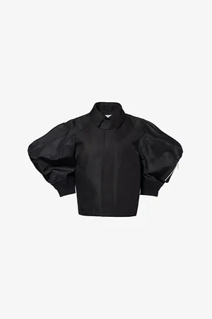 SACAI Womens Gabardine Contrast-Sleeve Cropped Cotton-Blend Jacket