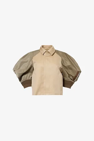SACAI Womens Gabardine Contrast-Sleeve Cropped Cotton-Blend Jacket