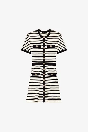 Maje Womens Stripe-Pattern Short-Sleeve Cotton-Blend Mini Dress