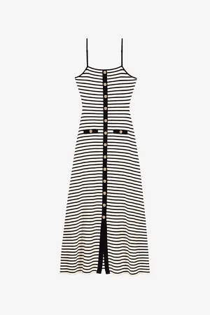 Maje Womens Stripe-Pattern Ribbed-Knit Cotton-Blend Maxi Dress
