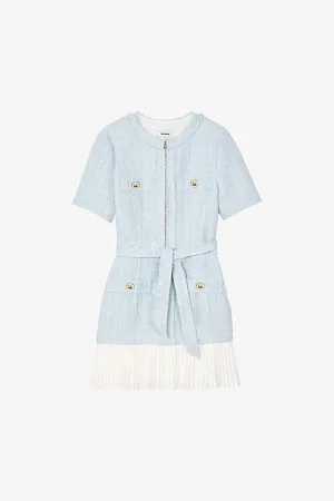 Sandro Womens Raw-Trim Short-Sleeve Tweed Mini Dress