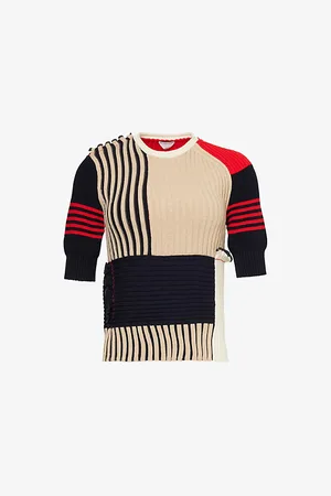 Bottega Veneta Womens Patchwork Short-Sleeve Ribbed Cotton Top