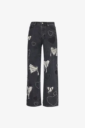 Nahmias Mens Heart Patchwork Ripped Straight-Leg Denim Jeans