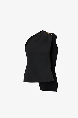 Bottega Veneta Womens Knot-Hardware Asymmetric Crepe Wool-Blend Top