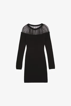The Kooples Womens Long-Sleeve Tulle-Trim Cotton-Blend Mini Dress