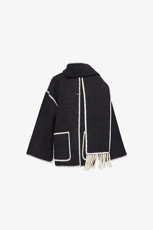Totême Womens Embroidered-Trim Scarf Wool-Blend Jacket