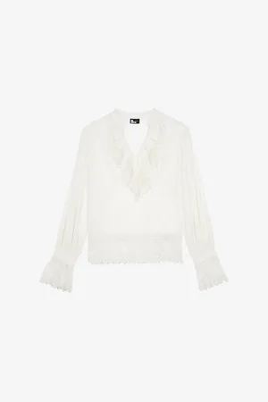 The Kooples Womens V-Neck Ruffle-Trim Cotton Top