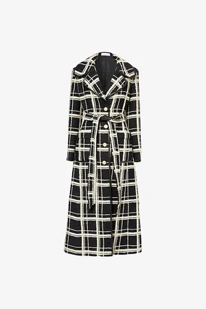 VALENTINO GARAVANI Womens Check Tweed Single-Breasted Long Wool-Blend Coat