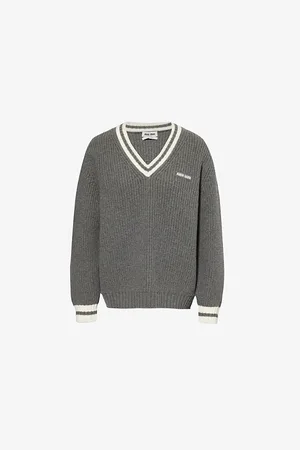 Miu Miu Womens Text-Intarsia Ribbed Wool-Blend Knitted Jumper