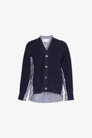 SACAI Womens Striped Knitted-Panels Cotton-Poplin Cardigan