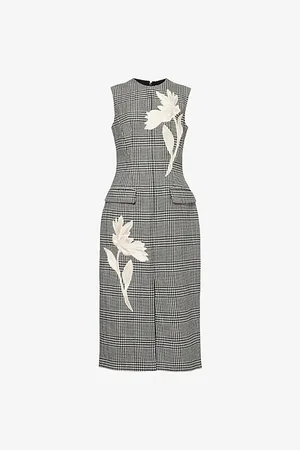 Erdem Womens Houndstooth-Pattern Embroidered Wool Midi Dress