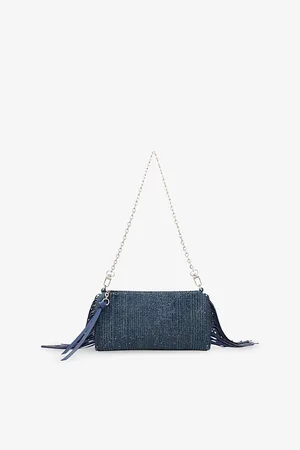 Maje Womens Crystal-Embellished Fringed-Trim Denim Shoulder Bag
