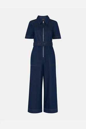 Whistles Womens Pin-Tuck Belted Denim Jumpsuit