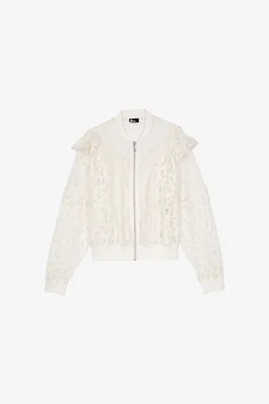 The Kooples Womens Lace-Embroidered Frill-Trim Zip-Up Woven Jacket
