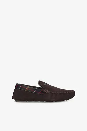 Barbour Mens Monty Faux-Shearling Lined Tartan-Check Suede Slippers