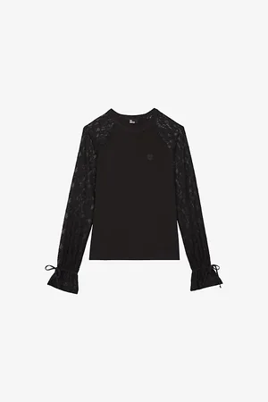 The Kooples Womens Logo-Embroidered Lace-Sleeve Cotton T-Shirt