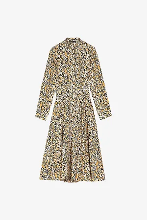 Maje Womens Leopard-Print Long-Sleeved Cotton Midi Dress
