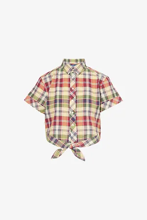 Ralph Lauren Womens Knot-Front Check Cropped Cotton Shirt