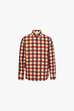 Bottega Veneta Mens Spread-Collar Gingham-Pattern Cotton Shirt