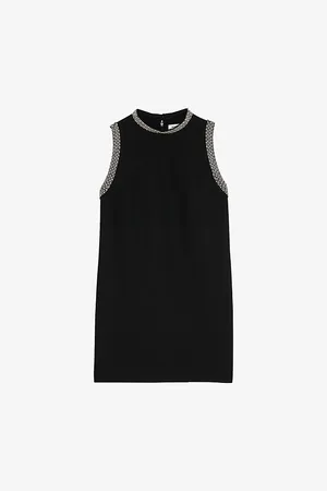 Sandro Womens Rhinestone-Embellished Round-Neck Sleeveless Stretch-Woven Mini Dress