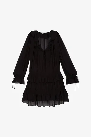 The Kooples Womens Tiered-Hem Long-Sleeve Mesh Mini Dress