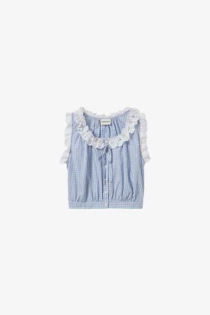 Claudie Pierlot Womens Check Lace-Trim Sleeveless Cotton Top