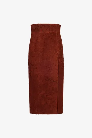 Alexander McQueen Womens Brushed-Suede Split Leather Midi Skirt