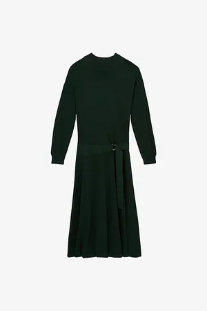 Reiss Womens Alina Belted Compact-Knit Midi Dress