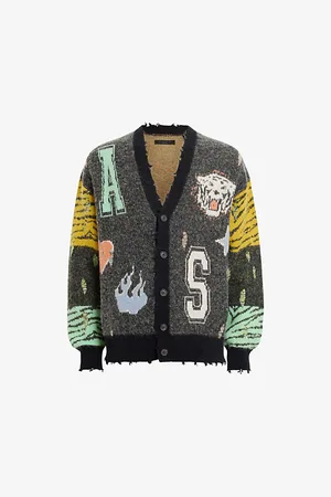 AllSaints Mens Akki Graphic-Intarsia Organic-Cotton Blend Knitted Cardigan
