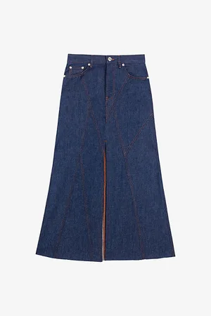 Maje Womens Geometric-Panelled Contrast-Stitch Denim Maxi Skirt