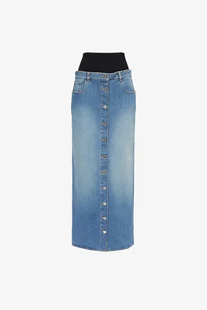 Alaïa Womens Column Knitted-Waistband Denim-Blend Midi Skirt