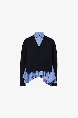 SACAI Womens Striped Asymmetric-Hem Cotton-Blend Cardigan