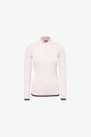 Gucci Womens Ribbed Striped-Trims Cashmere and Silk-Blend Polo Top