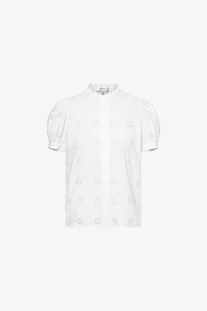 Frame Womens The Eyelet Gathered Embroidered Cotton-Poplin Top