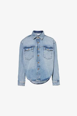 GOOD AMERICAN Womens Two-Buttoned-Pockets Curved-Hem Denim-Blend Shirt