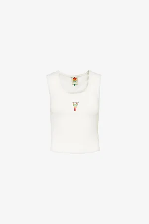 Farm Rio Womens Embroidered Ribbed Stretch-Cotton Top